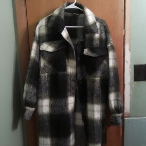 Steve Madden Black Plaid Chloe Shacket In Olive Night Fuzzy Wool Blend Jacket